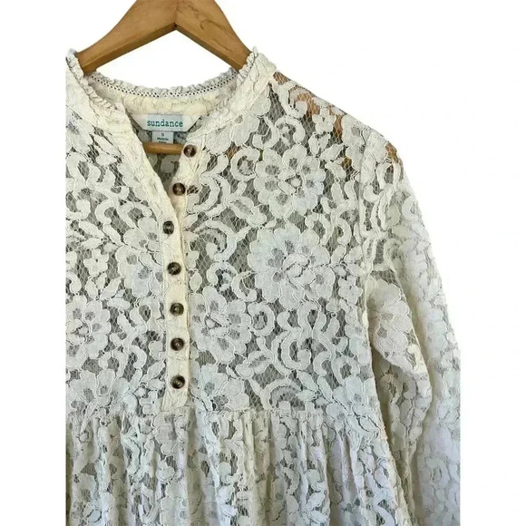 Sundance Victoria Ivory Lace Babydoll Dress Small Empire Waist High Neck Boho - Picture 9 of 9